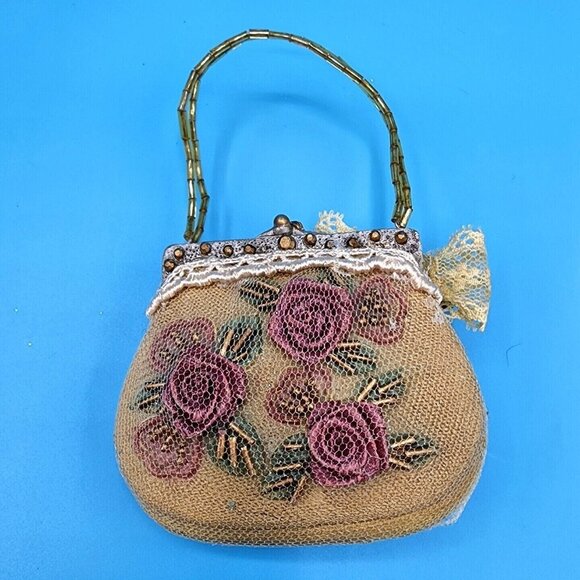 1990s Victorian Purse Ornaments Purple Roses Lace Tulle Beaded Handles Christmas - Picture 10 of 11